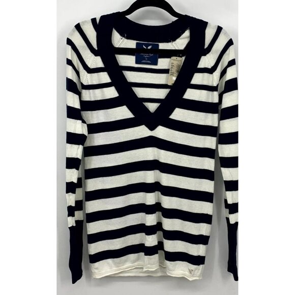 American Eagle Women's Sweater Large Blue Stripe V-Neck Knit Logo Y2K New NWT - Picture 1 of 8
